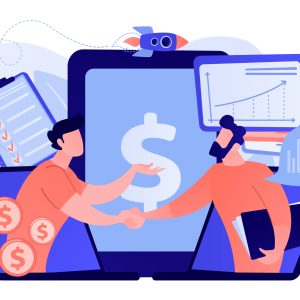 Demand analysts shaking hands from laptops screens and planning future demand. Demand planning, demand analytics, digital sales forecast concept. Pink coral blue vector isolated illustration