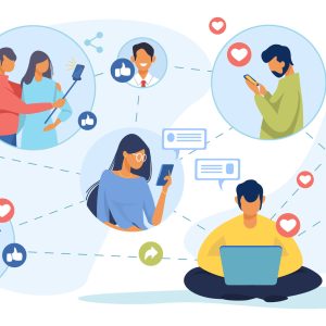 Social media network. Connected users taking pictures, posting, chatting flat vector illustration. Internet, connection, communication concept for banner, website design or landing web page